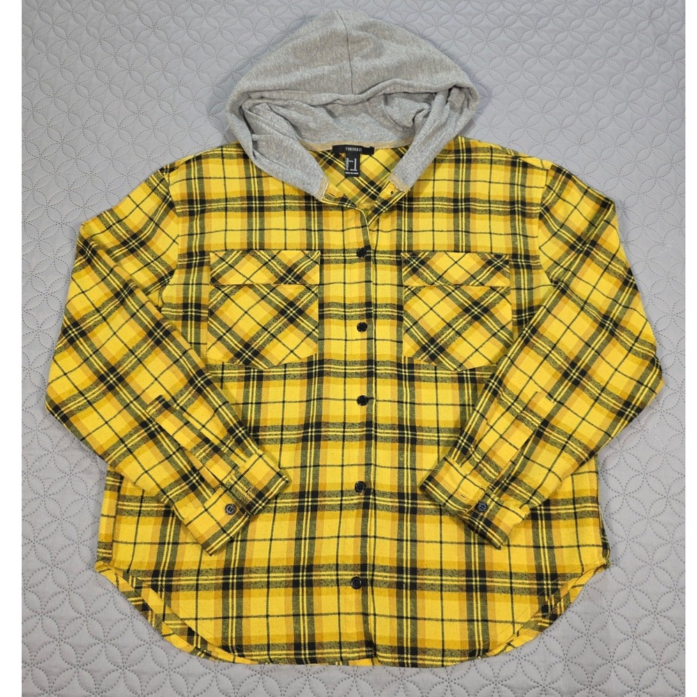Forever 21 Mens Yellow Black Plaid Hooded Flannel Shirt Button Up Medium